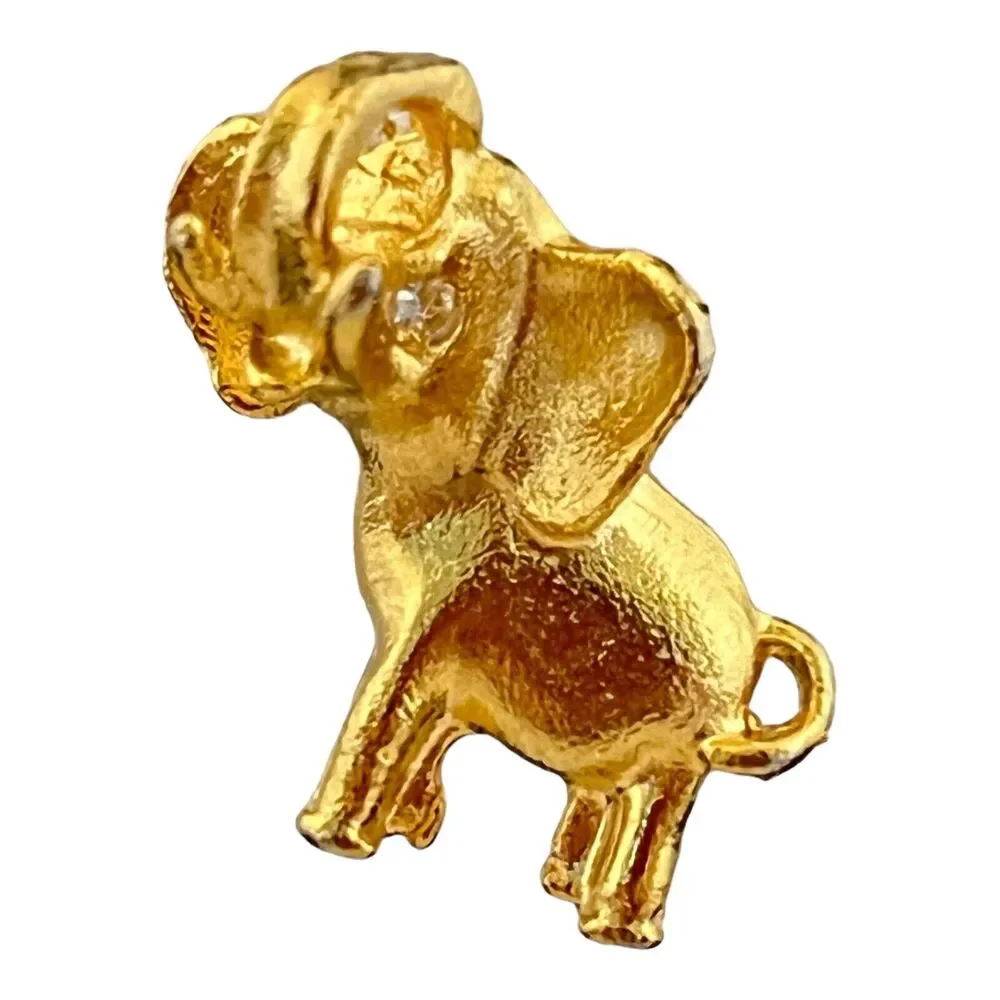 Vintage 1980s Elephant Figural Brooch Rhinestone Eye Gold Tone Pin - 5K
